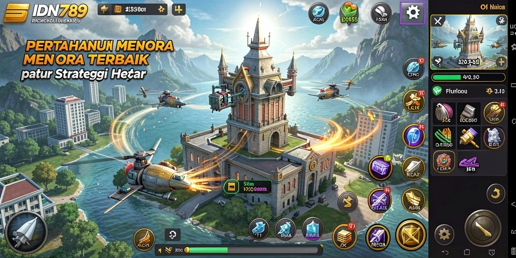 Screenshot gameplay IDN789 menampilkan pertarungan menara melawan gelombang musuh.
