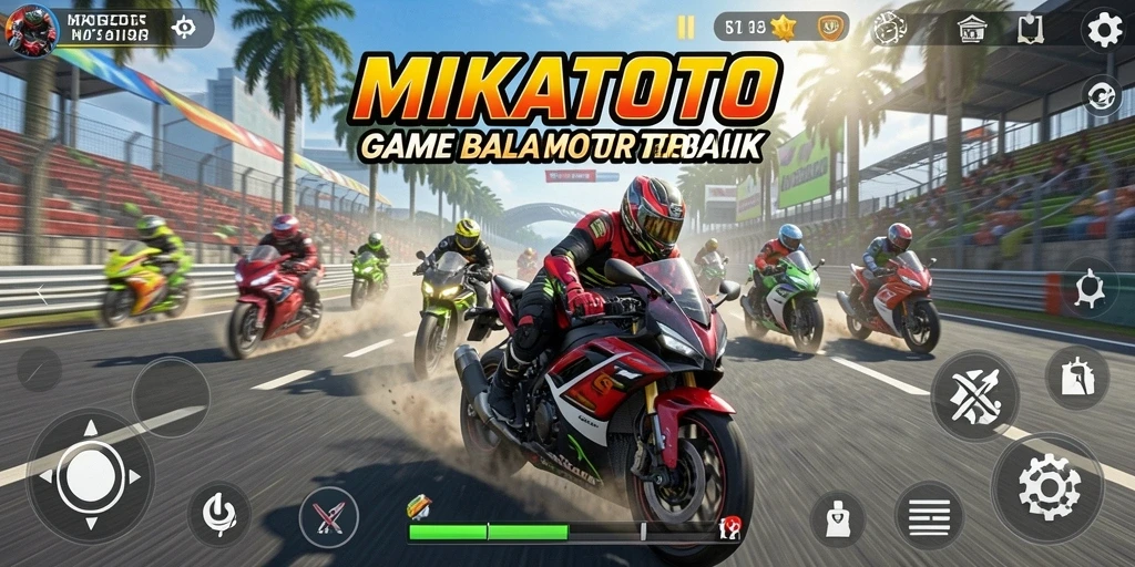 Gameplay mendebarkan MIKATOTO dengan sepeda motor di lintasan balap.