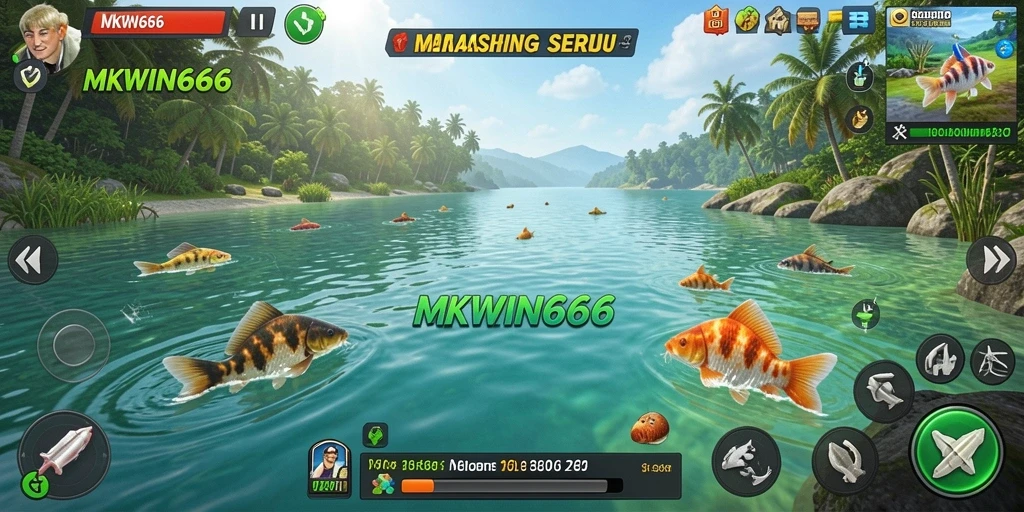 Screenshot gameplay MKWIN666 menampilkan aksi memancing yang seru.