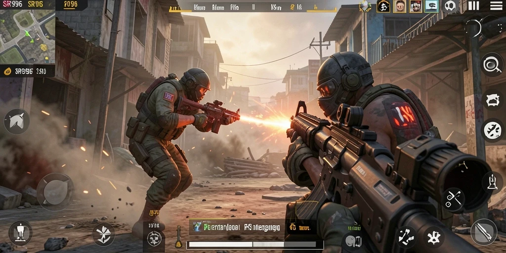 Tangkapan layar gameplay SR996 dengan aksi tembak-menembak yang mendebarkan.