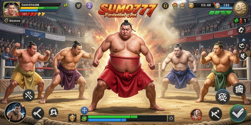 Screenshot gameplay SUMO777 menampilkan aksi pertarungan sumo yang mendebarkan.